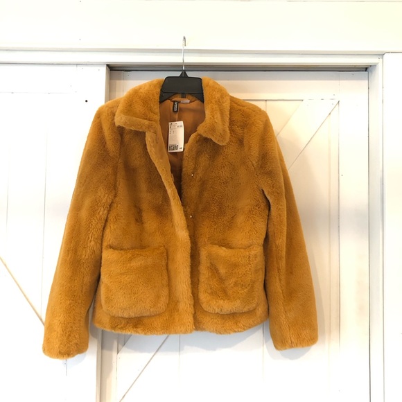 NWT H&M Divided S Mustard Soft Plush Cropped Snap Front Jacket - Picture 3 of 6